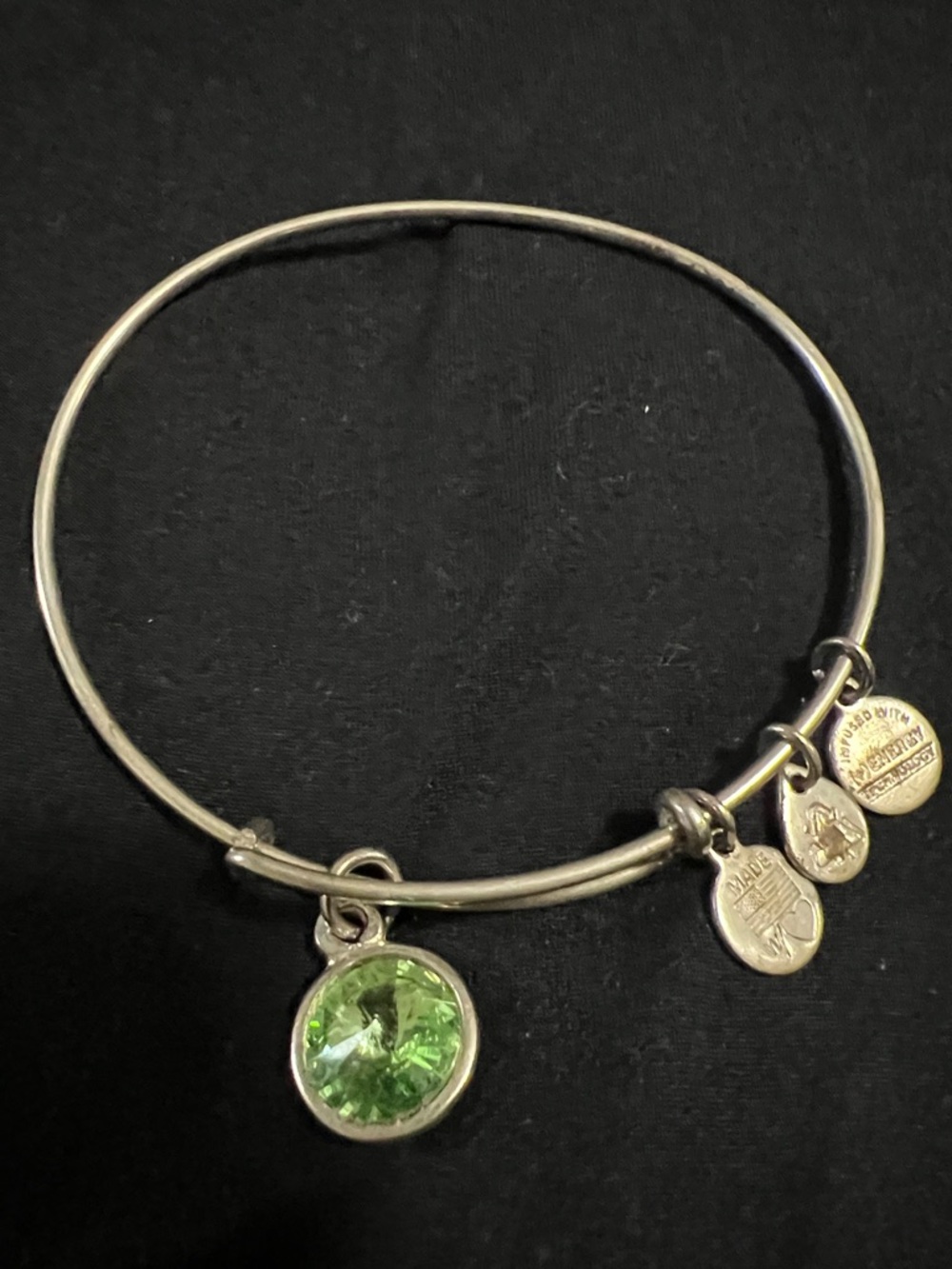 Alex and Ani Silver-Tone Bangle with Bright Green Crystal Charm